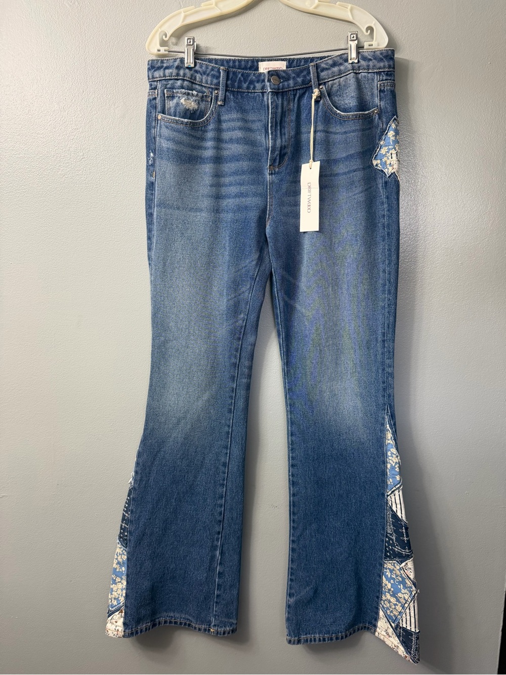 Driftwood Farrah Flare Patched Up Jeans in a medium wash, 30